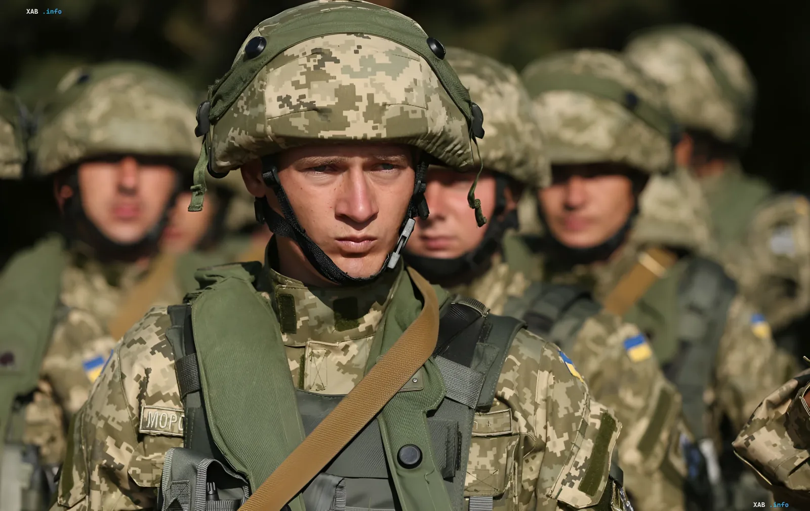 Бієць ЗСУ в цифровому камуфляжі на фоні строю українських військовослужбовців