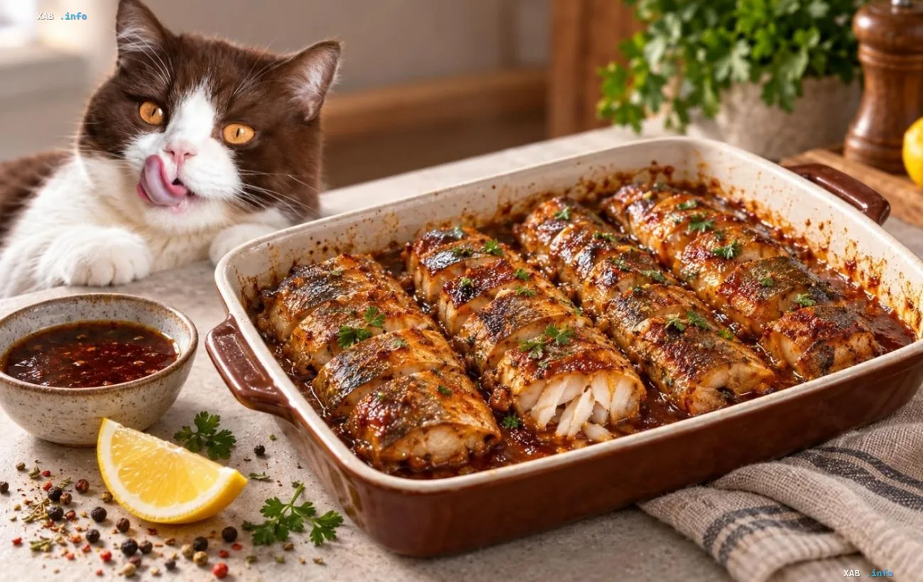 Baked hake in soy marinade in a ceramic baking dish with lemon and dipping sauce