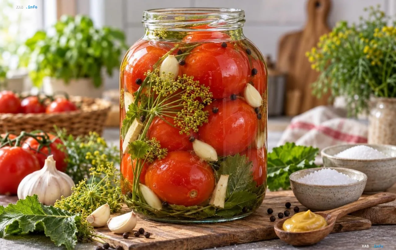 Glass jar of pickled tomatoes with garlic and dill, mustard, salt and spices nearby — a simple homemade winter preserving recipe