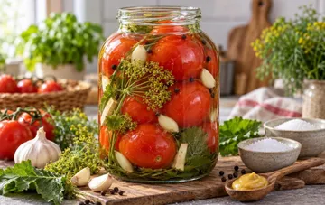 Glass jar of pickled tomatoes with garlic and dill, mustard, salt and spices nearby — a simple homemade winter preserving recipe