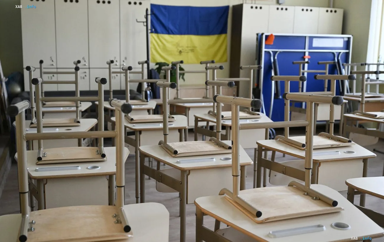 Empty school classroom in Kyiv with chairs turned upside down on desks during autumn break, Ukrainian flag in the background, 2026–2027 school year dates
