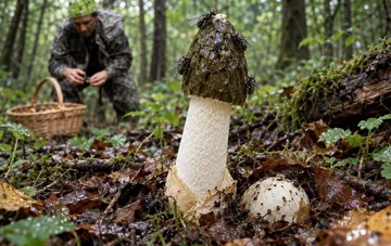 Радуга обыкновенная (Phallus impudicus) в лесу: шляпка с мухами, привлечёнными запахом гнилого мяса