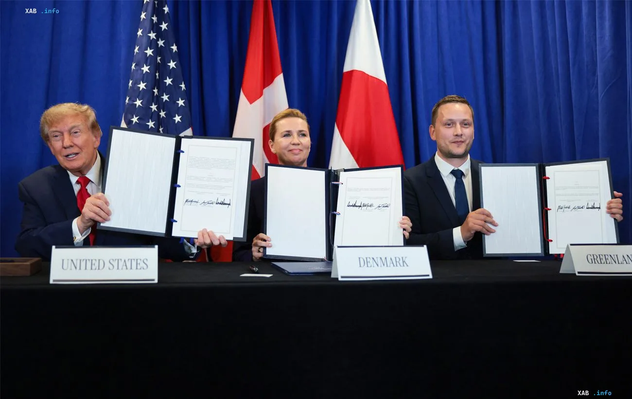 Trump, Frederiksen and Nielsen sign the US military presence agreement in Greenland at a ceremony with United States, Denmark and Greenland nameplates