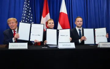 Trump, Frederiksen and Nielsen sign the US military presence agreement in Greenland at a ceremony with United States, Denmark and Greenland nameplates