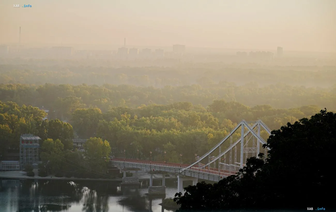Fine dust haze over the forest and bridge in Boyarka, Kyiv region, poor air quality