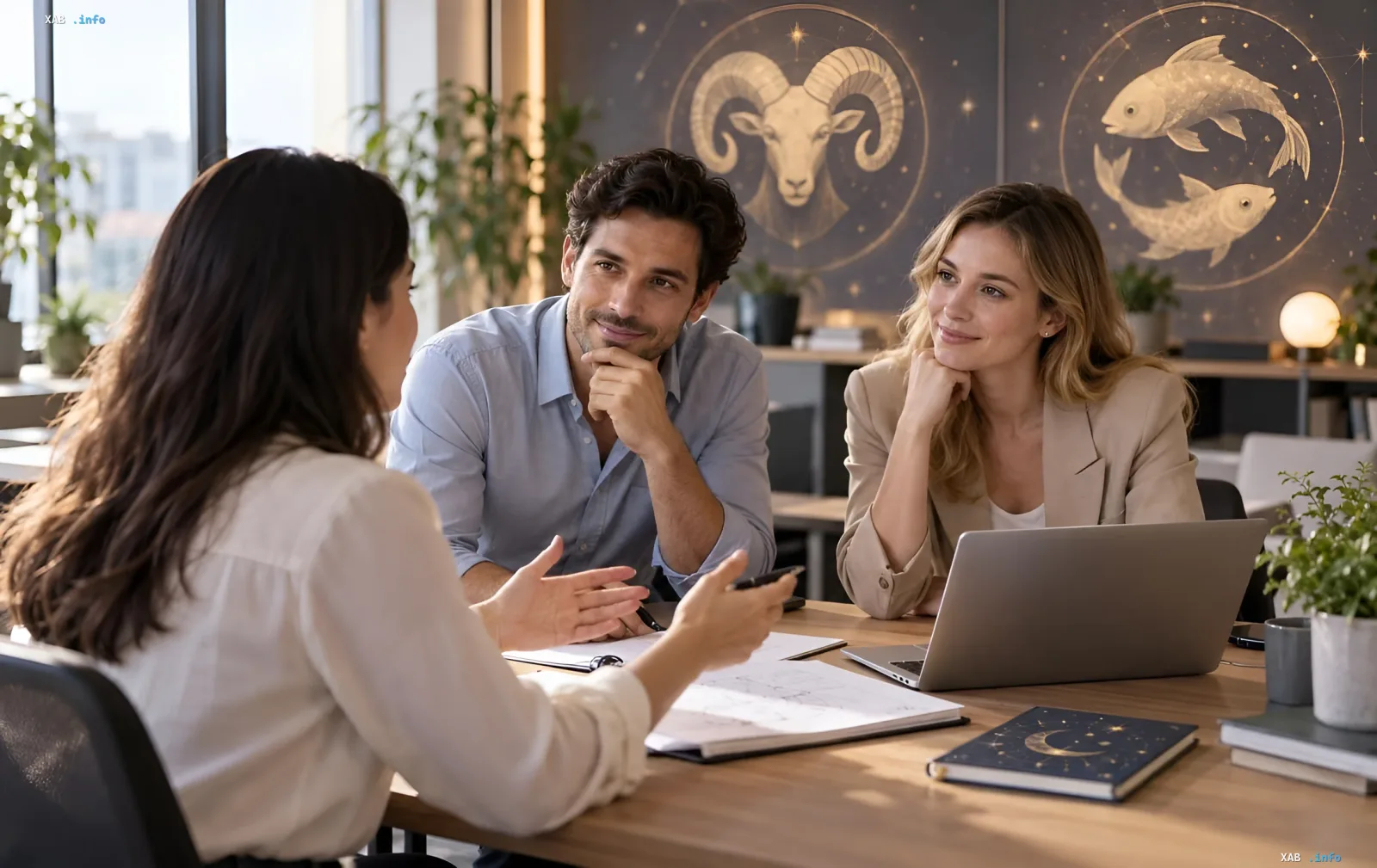 Astrologischer прогноз für Arbeit und Finanzen: ein Geschäftsmeeting vor Widder- und Fische-Symbolen