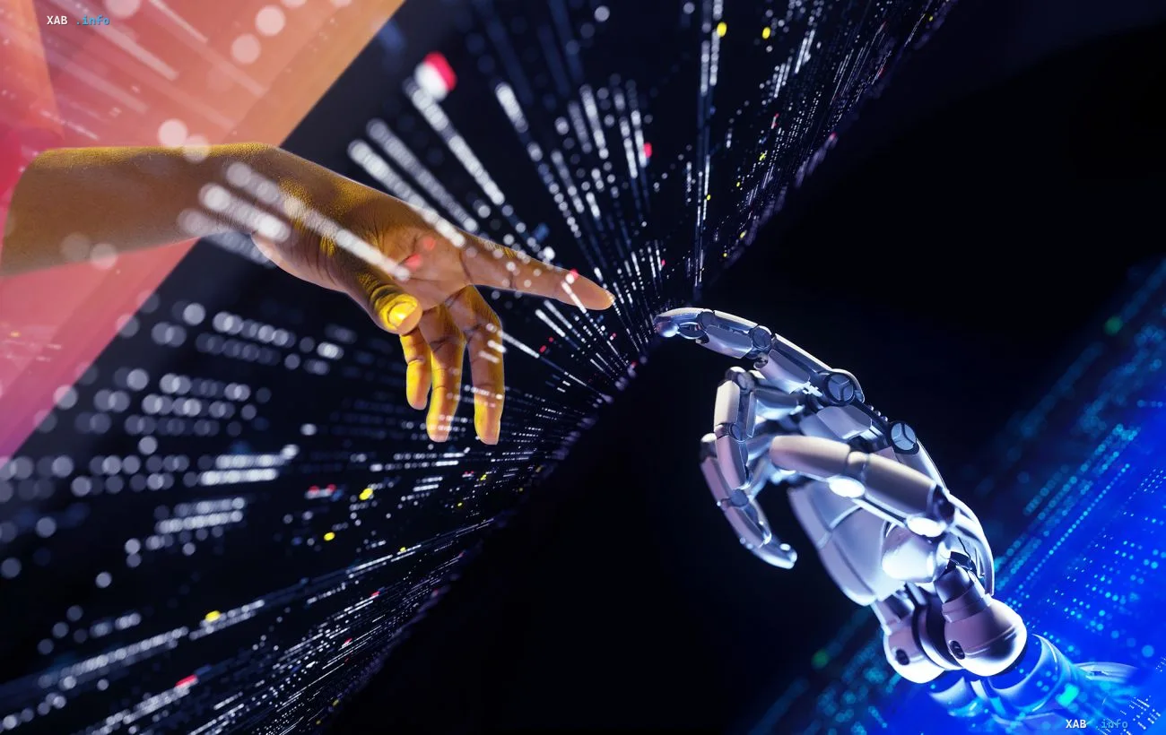 A human hand and the robotic hand of Anthropic's Claude Opus 5.5 nearly touch fingers against a backdrop of data streams — a symbol of strict safety controls and human-AI collaboration