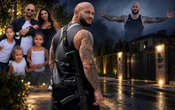 Illustration of the shooting incident at rapper Jigane's house in Moscow suburbs: armed man with an assault rifle in front of the artist's residence and family