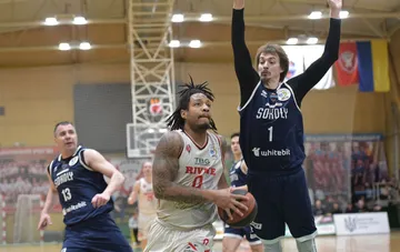 Ukrainian basketball Super League game: Rivne player with the ball against a Sokoly defender, 2026/2027 season FBU broadcasts