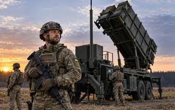 Українські військові біля ЗРК Patriot на тлі заходу сонця