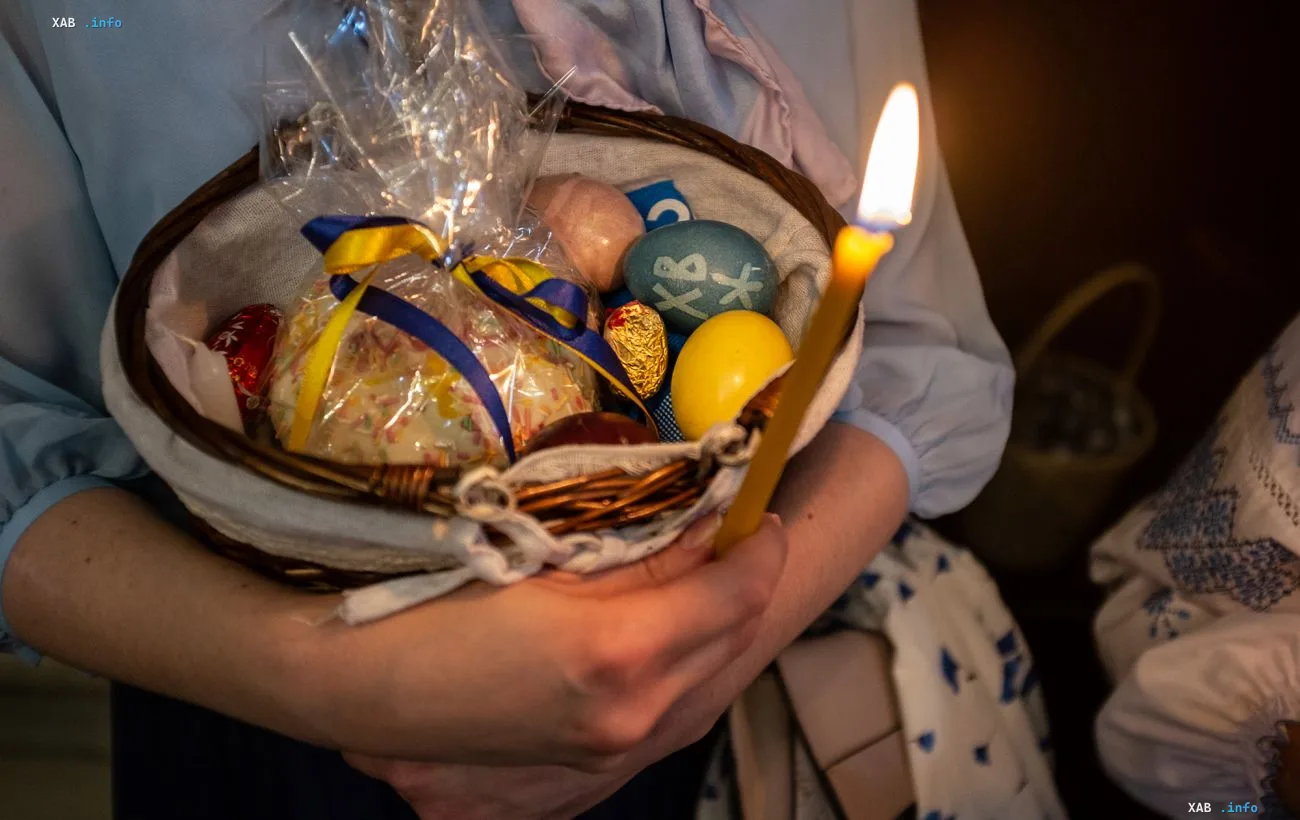 Easter basket with dyed eggs, paska and a lit candle in anticipation of the Resurrection date announced by the PCU