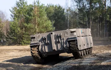 Rheinmetall MV-8 Komodo-based unmanned bridging complex with tracked chassis during trials in Croatia