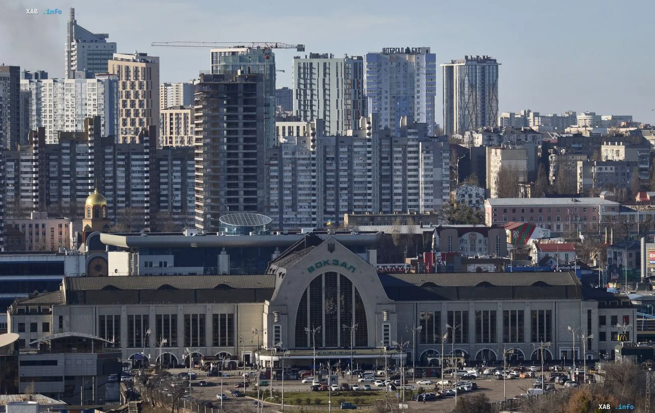 Kyiv Central Railway Station undamaged against the city skyline after reports of a nearby strike were denied