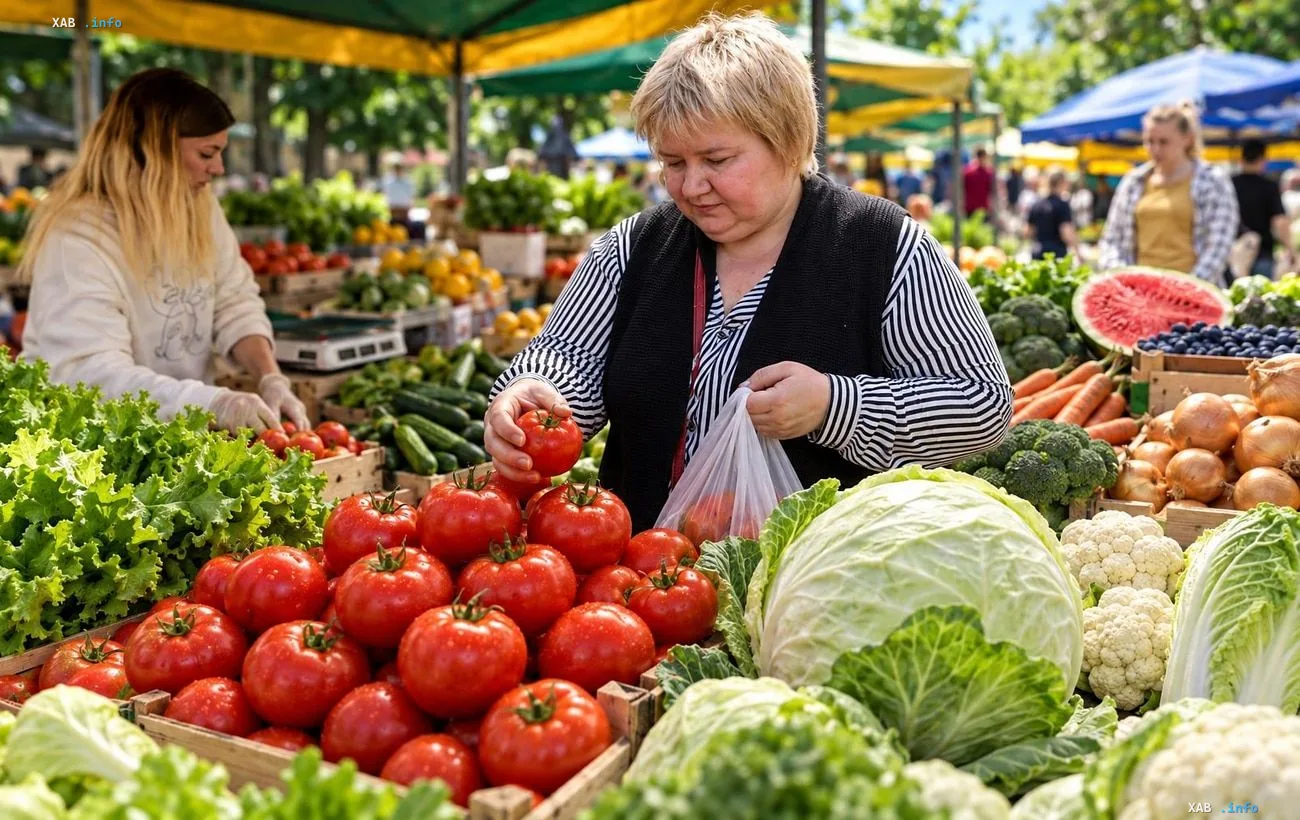 A shopper selects tomatoes at a Ukrainian vegetable market where weekly prices for produce and berries have changed