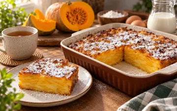 Pumpkin casserole with a golden crust and powdered sugar in a ceramic baking dish, a slice on a plate, a cup of tea and pumpkins on an autumn table