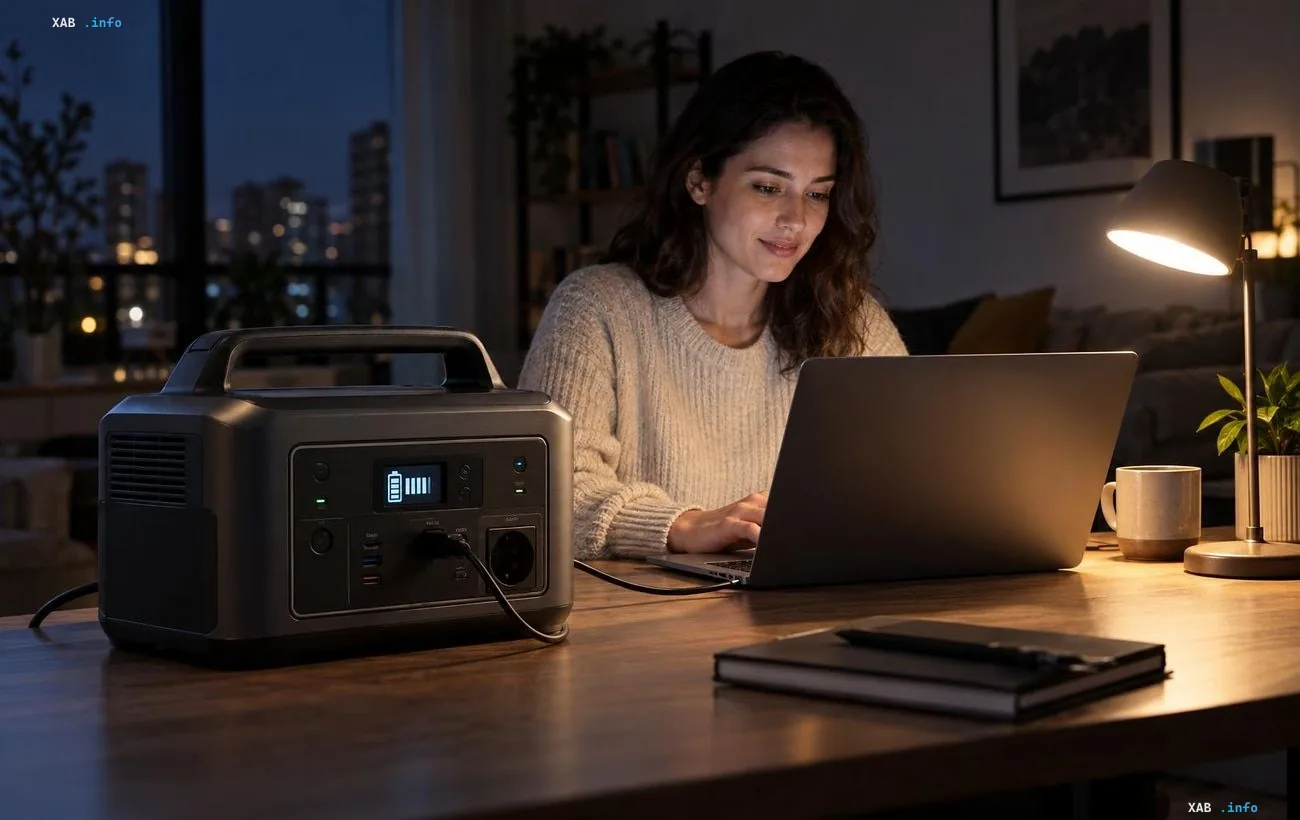 Woman working on a laptop powered by a portable power station during a home blackout