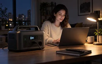 Woman working on a laptop powered by a portable power station during a home blackout