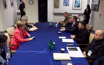 Zelensky and IMF's Georgieva in talks on Ukraine's financial sustainability funding for 2027 at a meeting table