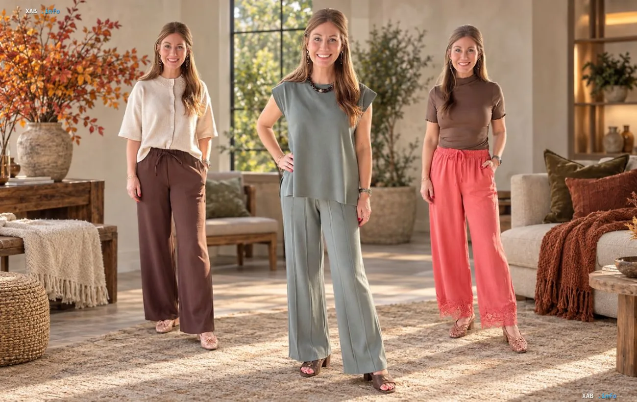 Drei Herbst-Outfits ohne Denim: Kordelhosen, ein Salbei-Pantsuit und Korallenhosen mit Spitze
