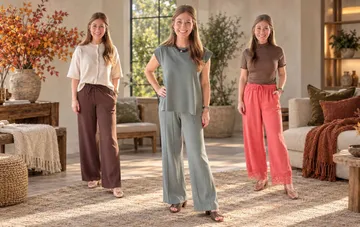 Drei Herbst-Outfits ohne Denim: Kordelhosen, ein Salbei-Pantsuit und Korallenhosen mit Spitze