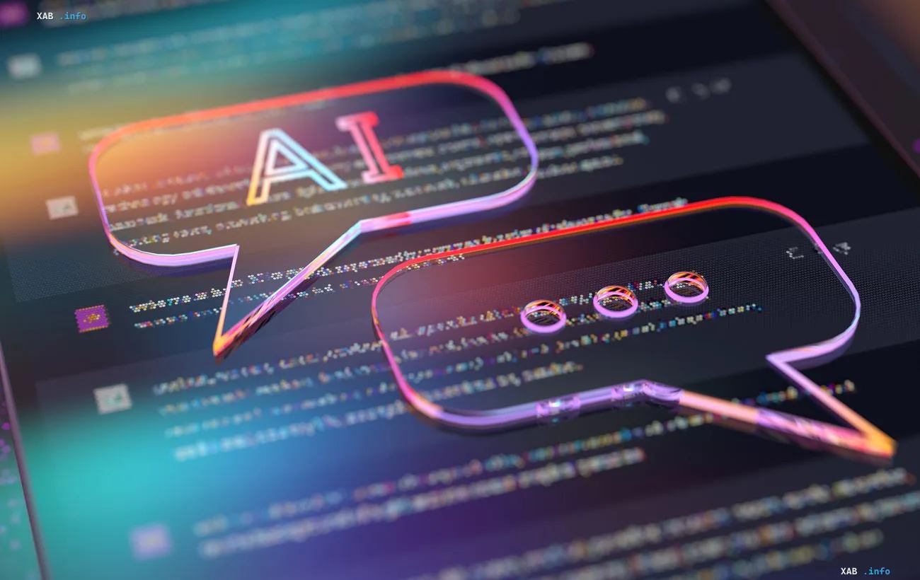 Неоновые облачка диалога с надписью AI и индикатором набора текста на фоне кода — символ работы ИИ Claude, обнаружившего новый биомеханизм ART в бактериофагах
