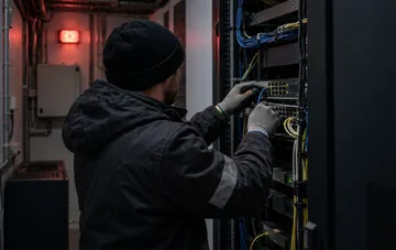 Telecom technician restoring network equipment in a server room under emergency lighting after an attack