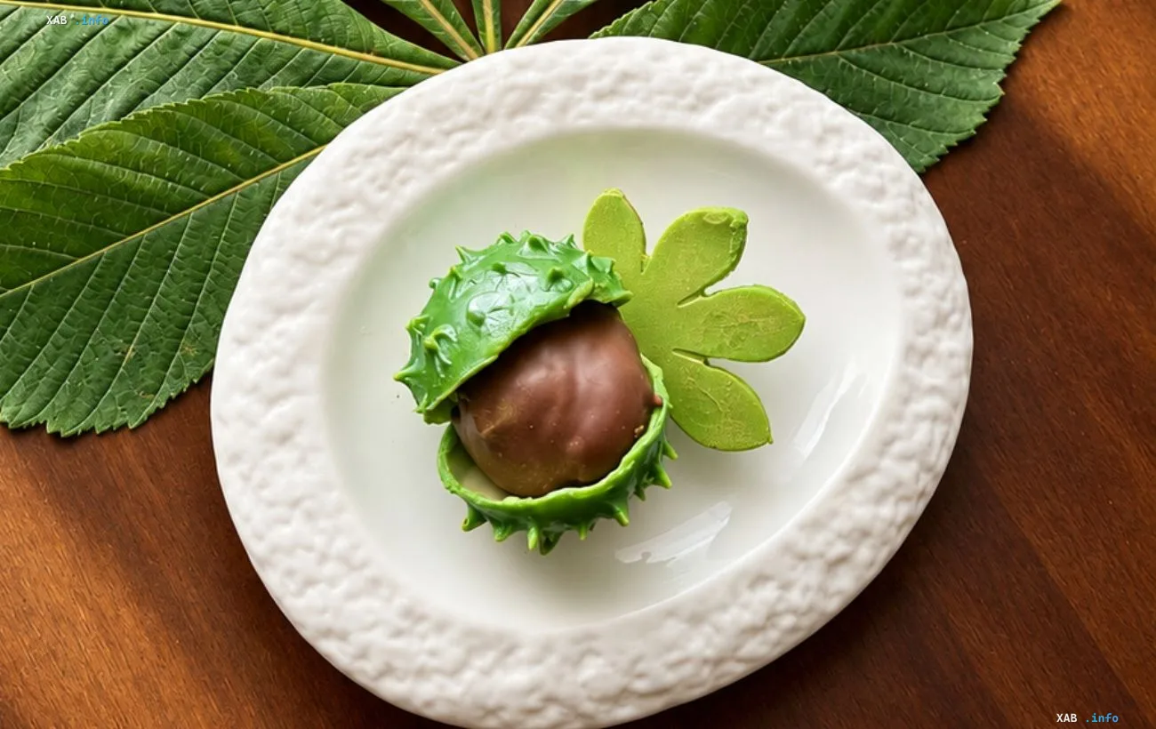 Mitsni Khashtany dessert from Hotel Ukraine in Kyiv: a chocolate chestnut in a green spiky shell as a symbol of the capital's resilience for the hotel's 65th anniversary