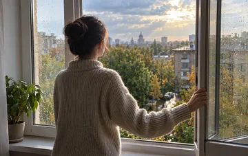 Женщина у окна с каплями дождя на стекле и осенним городским пейзажем на фоне заходящего солнца — погода в Украине 25 сентября