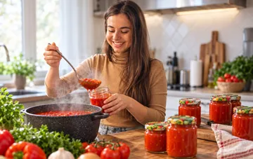Eine Frau füllt heiße rote scharfe Chilisoße in Gläser für die Wintervorrat, daneben frische Paprika, Tomaten und Knoblauch