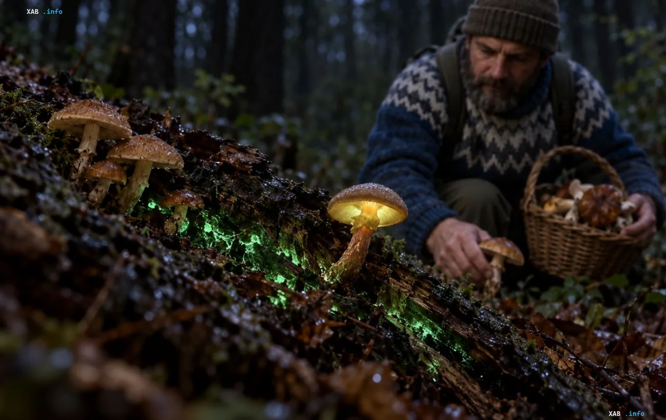 Mushroom picker in the forest and glowing mushrooms on a log in the dark