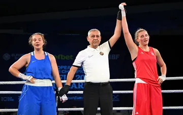 Referee raises the hand of Ukrainian boxer Luttsak after her victory at the 2026 European Boxing Championships in Sofia