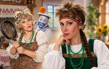 Татьяна Иванова в роли Бабы из юмористического шоу «Каламбур» в народном костюме с зелёными бусами и головным убором