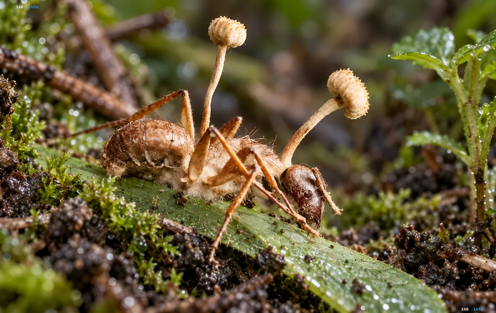 Гриб Ophiocordyceps на растении в дикой природе