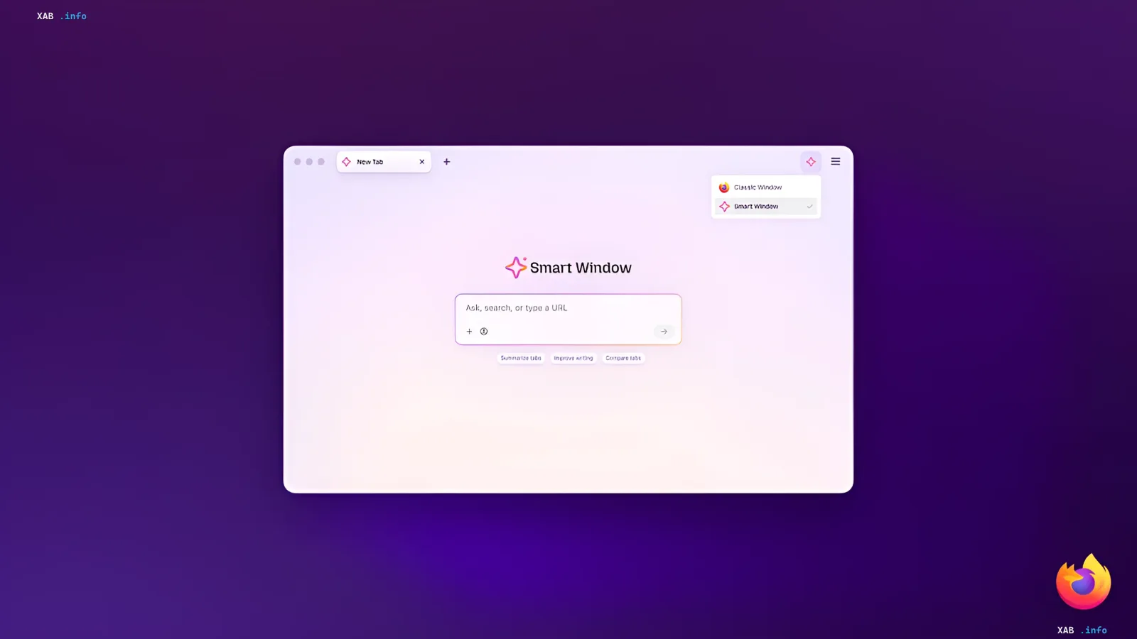 Firefox browser interface showing Smart Window AI features