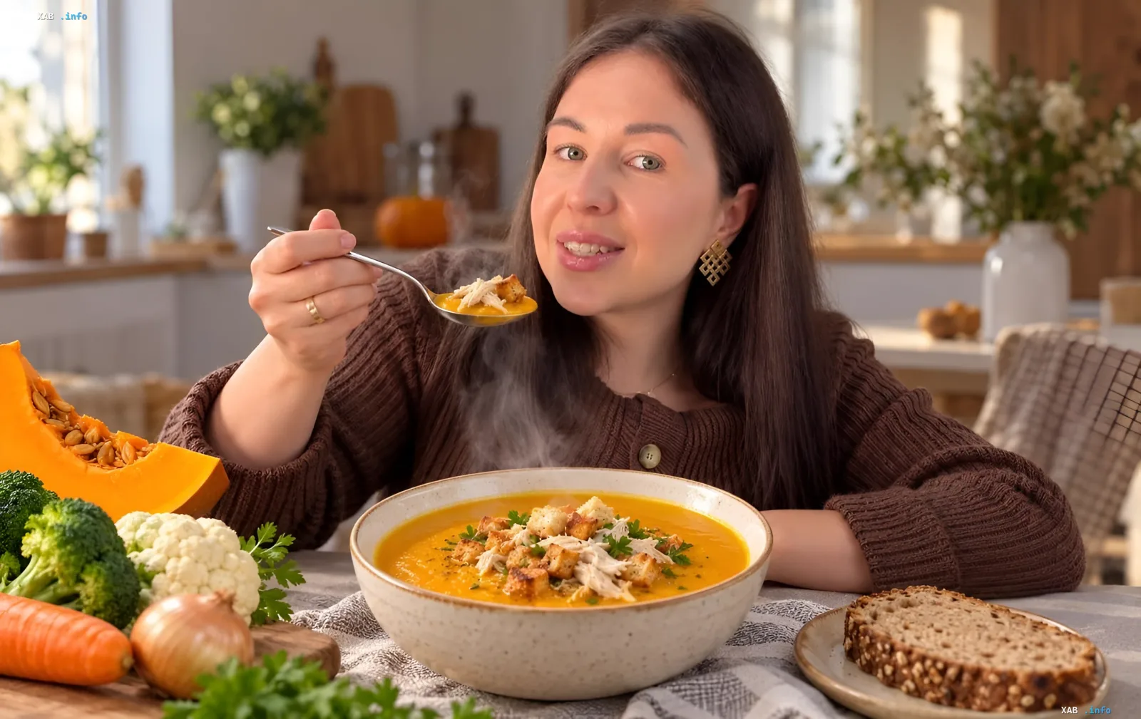 Тыквенный крем-суп с курицей и овощами в тарелке