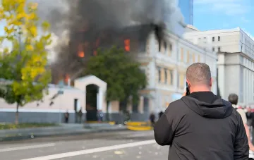 Aftermath of Russian drone strike on NAS of Ukraine building in Kyiv