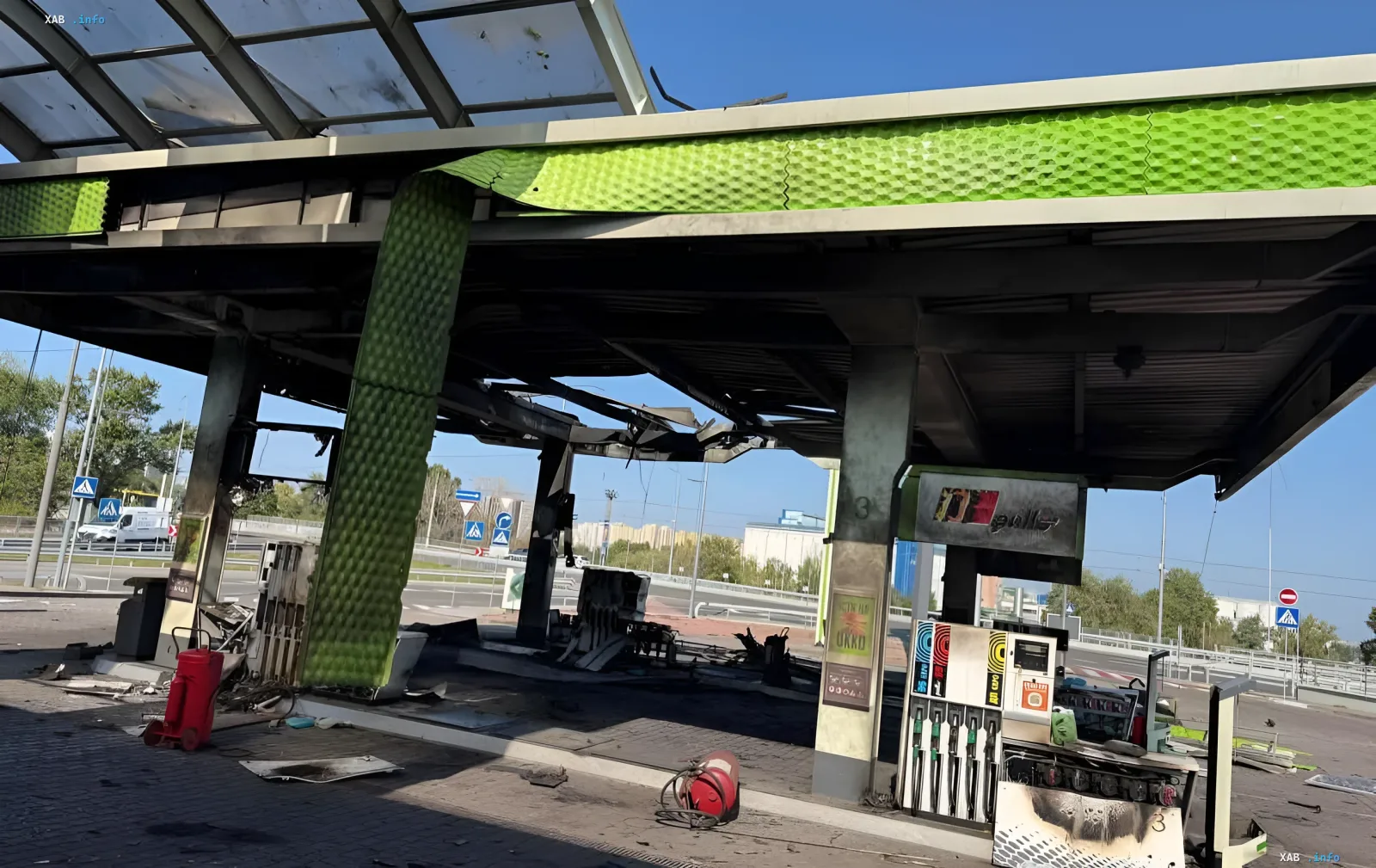 Damaged OKKO gas station in Kyiv following a morning attack