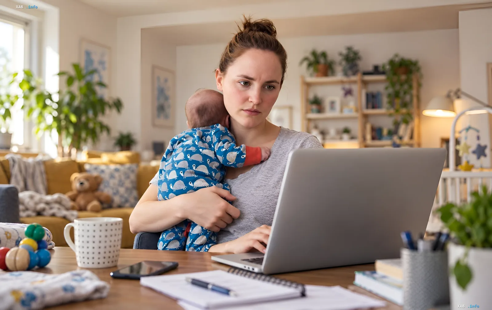 Woman working on laptop with child during parental leave