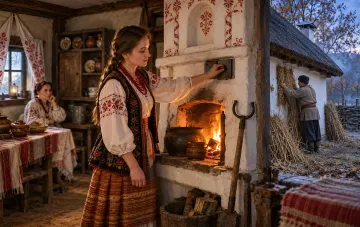 Traditionelles ukrainisches Haus, vorbereitet für den Winter vor dem Pokrova-Fest