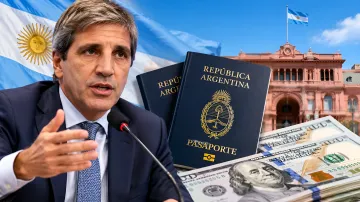 Argentinischer Pass und Nationalflagge vor dem Hintergrund von Finanzdokumenten