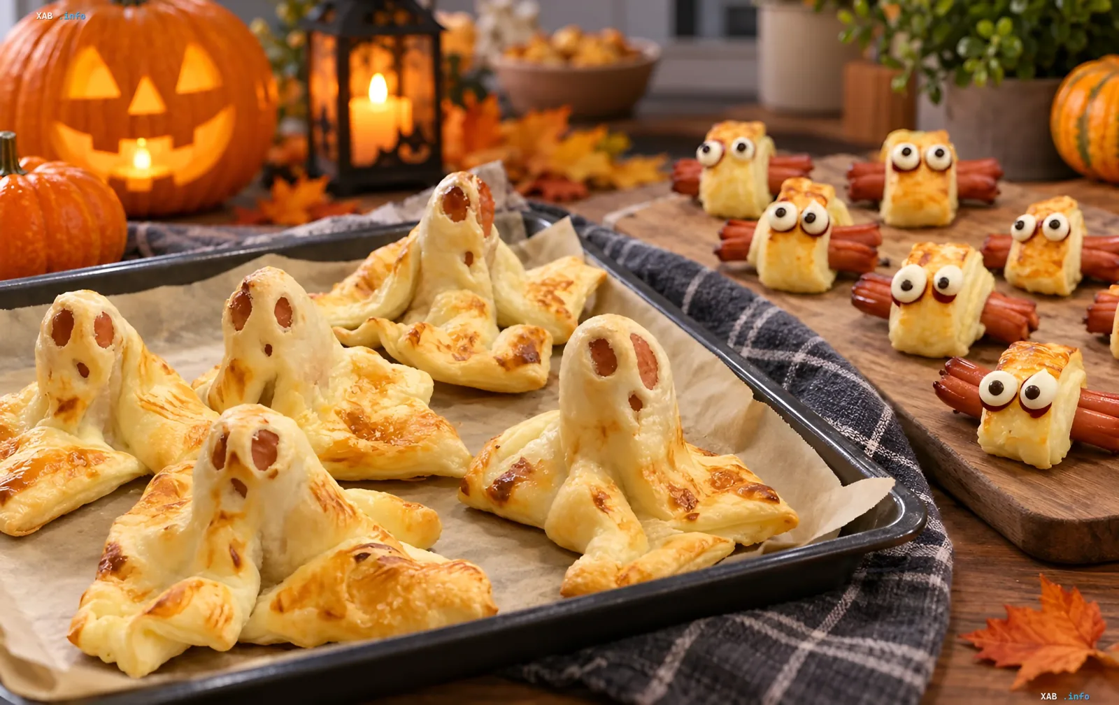 Ghost sausages and spiders made from puff pastry for Halloween