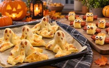 Ghost sausages and spiders made from puff pastry for Halloween