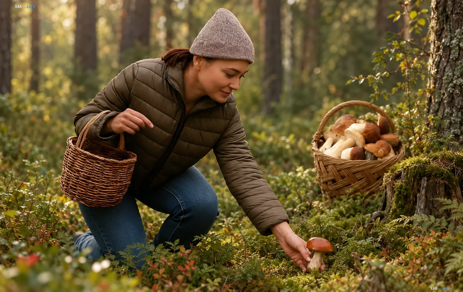 Pilzesammeln im Herbstwald der Ukraine