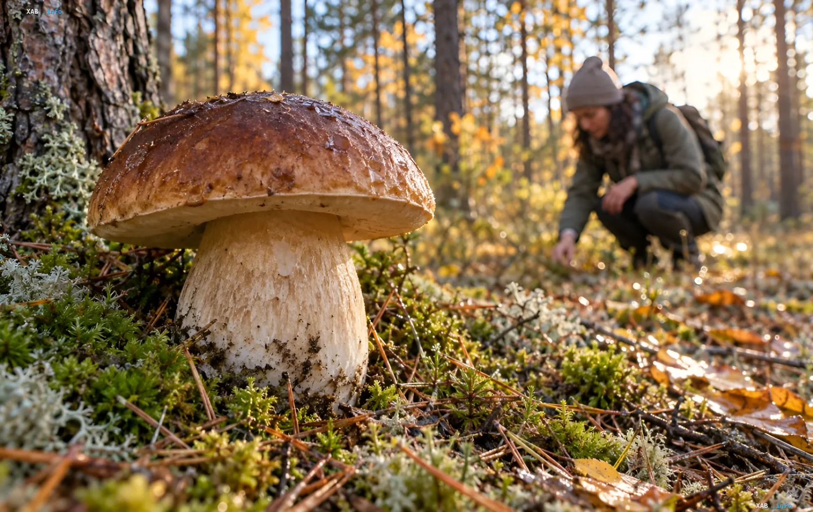 Грибник собирает боровики и маслята в осеннем лесу под деревьями и мохом