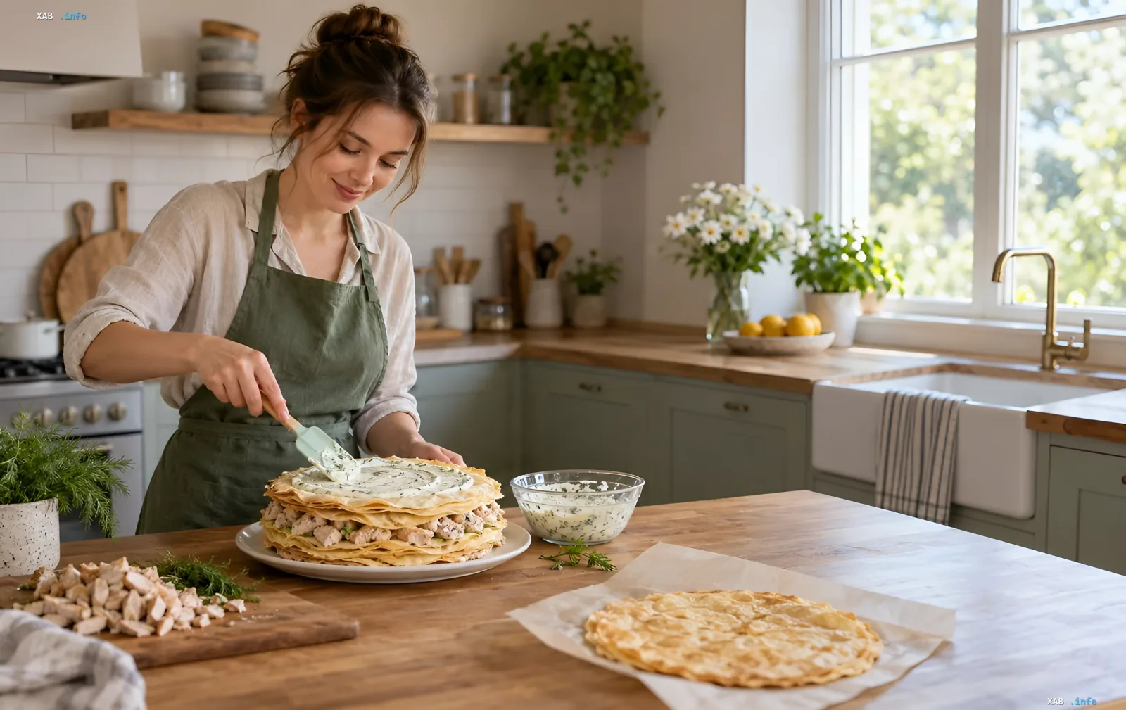 Herzhafter Napoleon-Kuchen mit Hähnchen, Pilzen und Schmelzkäse auf dem festlichen Tisch