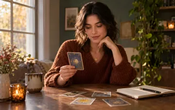 Tarotkarten und Sternzeichen auf einem Holztisch