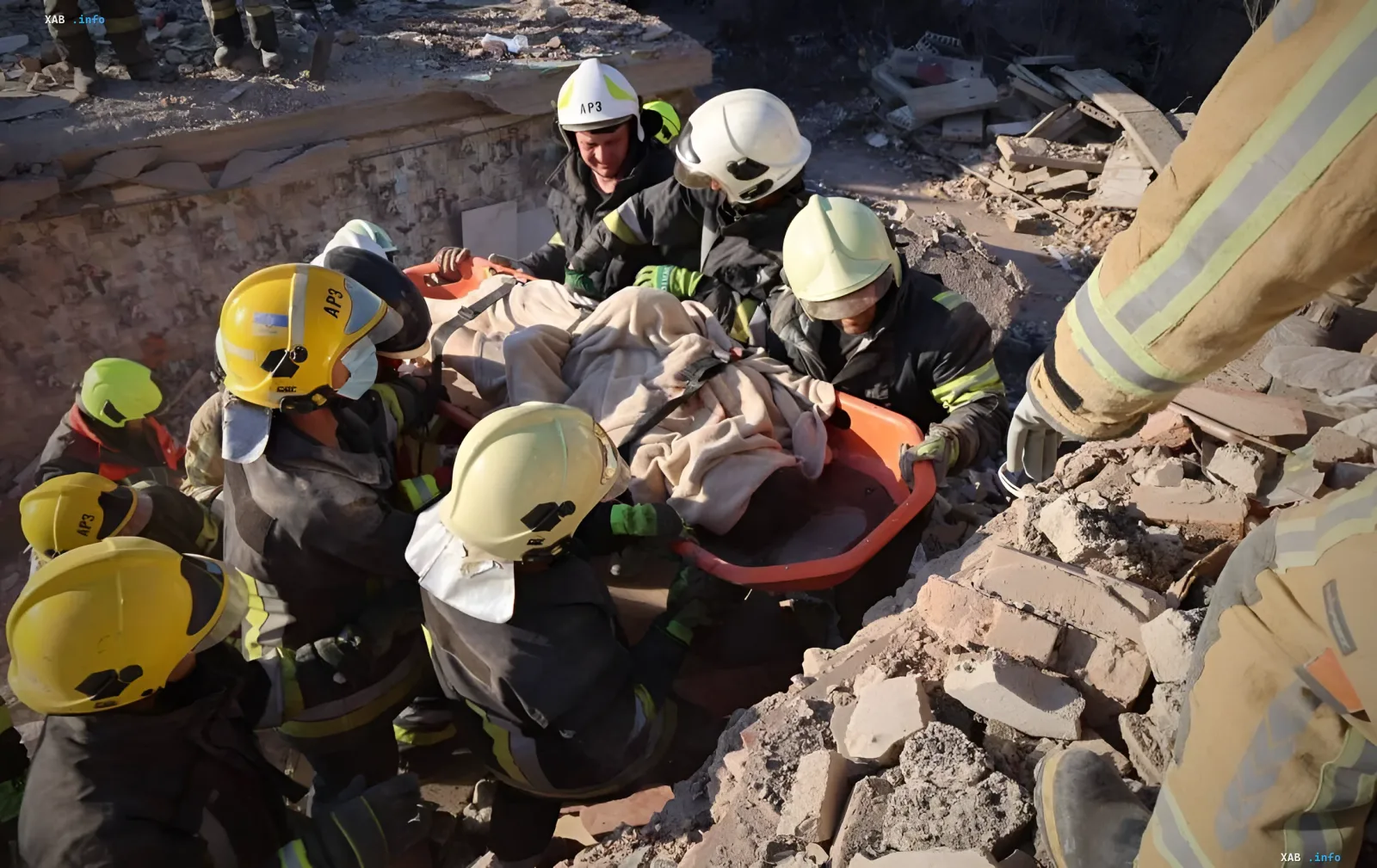 Rescue operations at the site of a destroyed building in Pryluky