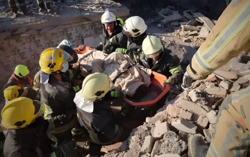 Rescue operations at the site of a destroyed building in Pryluky