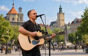 Вуличний музикант виступає у Львові