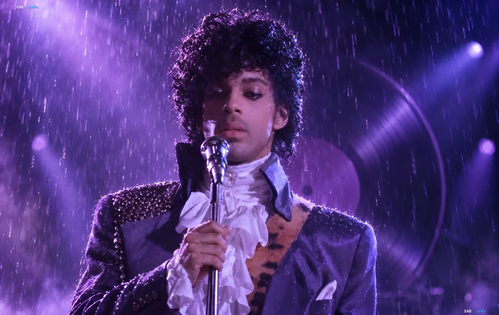 Musician Prince performing on stage with The Revolution during Purple Rain